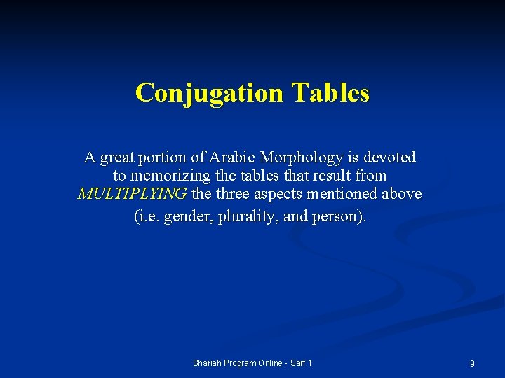 Conjugation Tables A great portion of Arabic Morphology is devoted to memorizing the tables Conjugation Tables A great portion of Arabic Morphology is devoted to memorizing the tables