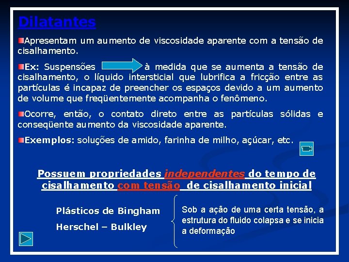 Dilatantes Apresentam um aumento de viscosidade aparente com a tensão de cisalhamento. Ex: Suspensões Dilatantes Apresentam um aumento de viscosidade aparente com a tensão de cisalhamento. Ex: Suspensões