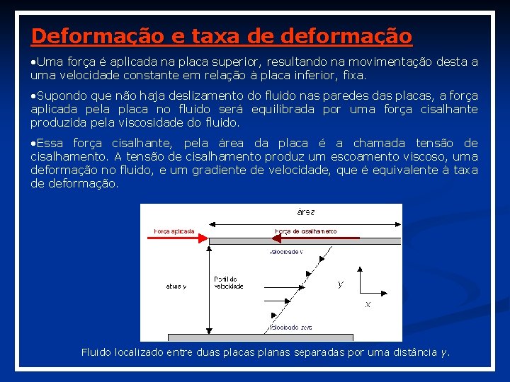 Deformação e taxa de deformação • Uma força é aplicada na placa superior, resultando Deformação e taxa de deformação • Uma força é aplicada na placa superior, resultando