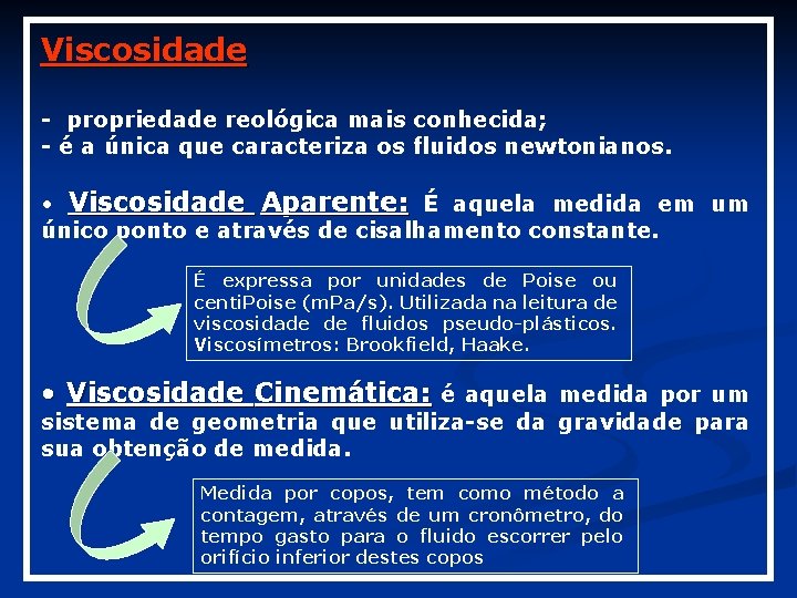 Viscosidade - propriedade reológica mais conhecida; - é a única que caracteriza os fluidos Viscosidade - propriedade reológica mais conhecida; - é a única que caracteriza os fluidos