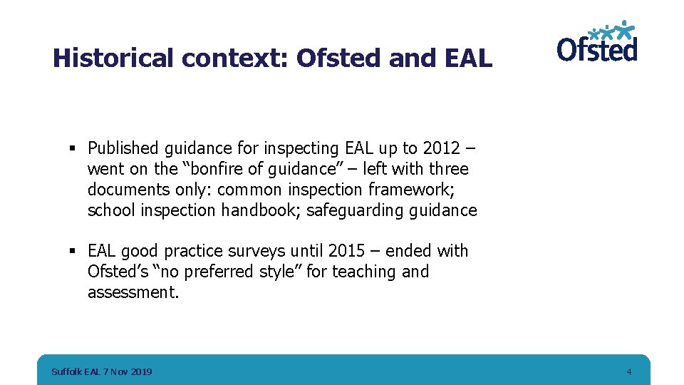 Historical context: Ofsted and EAL § Published guidance for inspecting EAL up to 2012