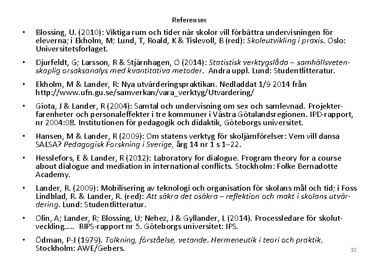 Referenser • Blossing, U. (2010): Viktiga rum och tider när skolor vill förbättra undervisningen