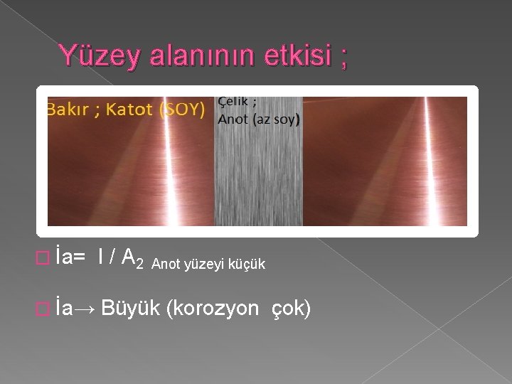 Yüzey alanının etkisi ; � İa= I / A 2 Anot yüzeyi küçük �