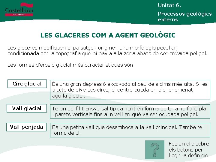 Unitat 6. Processos geològics externs LES GLACERES COM A AGENT GEOLÒGIC Les glaceres modifiquen