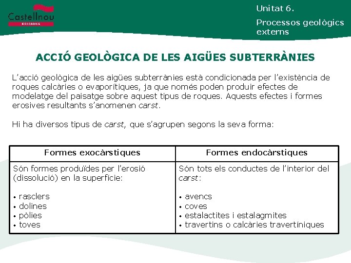 Unitat 6. Processos geològics externs ACCIÓ GEOLÒGICA DE LES AIGÜES SUBTERRÀNIES L’acció geològica de