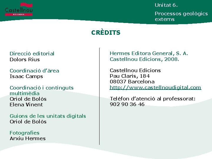 Unitat 6. Processos geològics externs CRÈDITS Direcció editorial Dolors Rius Hermes Editora General, S.