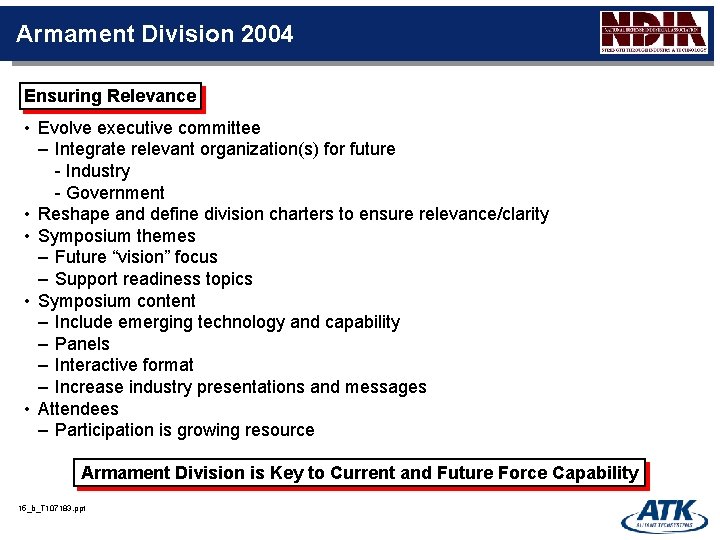 Armament Division 2004 Ensuring Relevance • Evolve executive committee – Integrate relevant organization(s) for