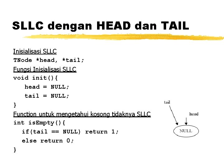SLLC dengan HEAD dan TAIL Inisialisasi SLLC TNode *head, *tail; Fungsi Inisialisasi SLLC void