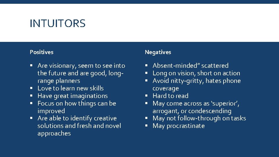 INTUITORS Positives Negatives Are visionary, seem to see into the future and are good,