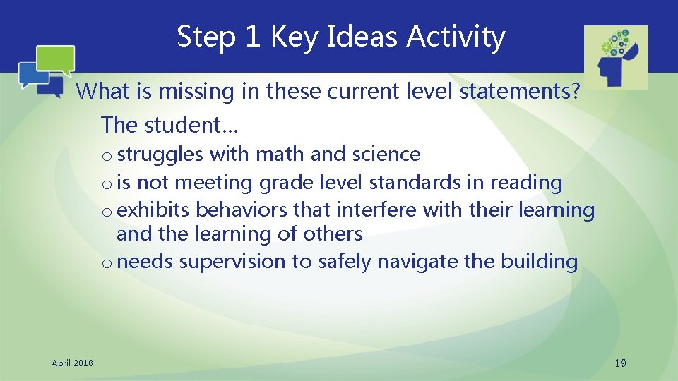 Step 1 Key Ideas Activity What is missing in these current level statements? The