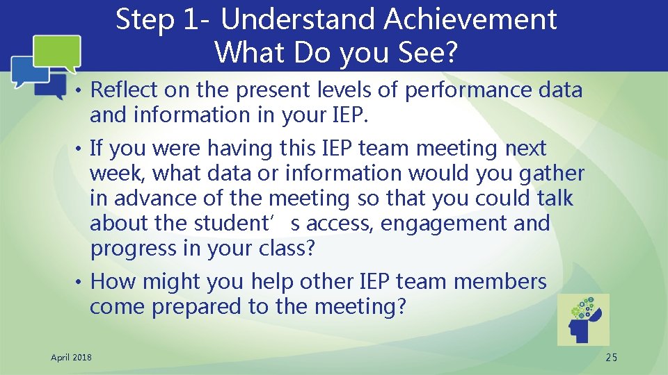 Step 1 - Understand Achievement What Do you See? • Reflect on the present