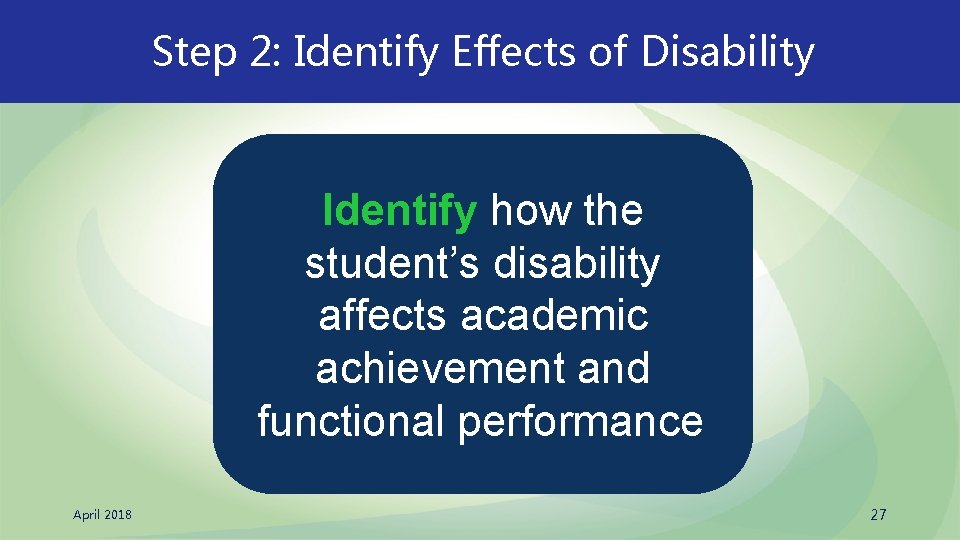 Step 2: Identify Effects of Disability Identify how the student’s disability affects academic achievement