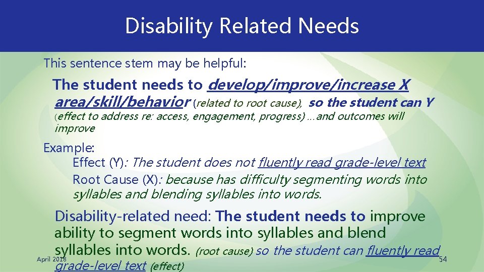 Disability Related Needs This sentence stem may be helpful: The student needs to develop/improve/increase
