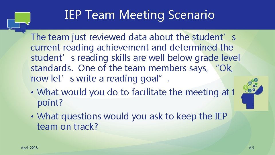  IEP Team Meeting Scenario The team just reviewed data about the student’s current