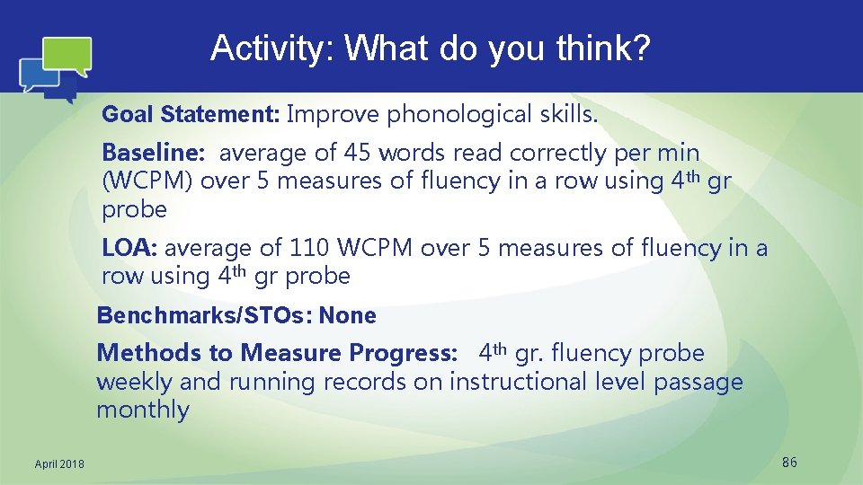 Activity: What do you think? Goal Statement: Improve phonological skills. Baseline: average of 45