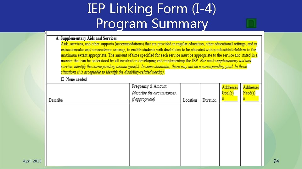 IEP Linking Form (I-4) Program Summary April 2018 94 