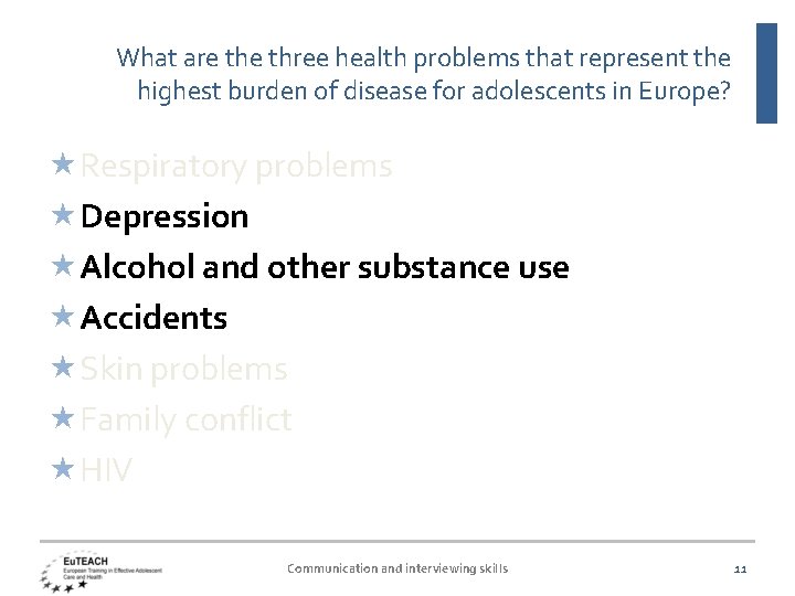 What are three health problems that represent the highest burden of disease for adolescents