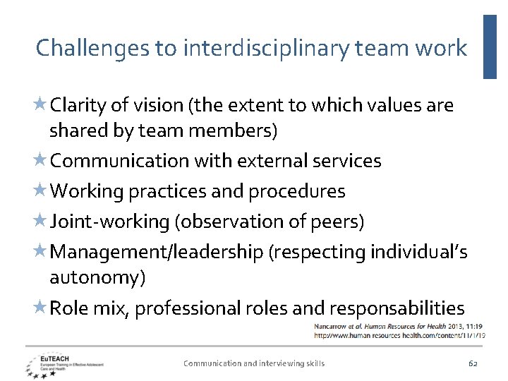 Challenges to interdisciplinary team work Clarity of vision (the extent to which values are