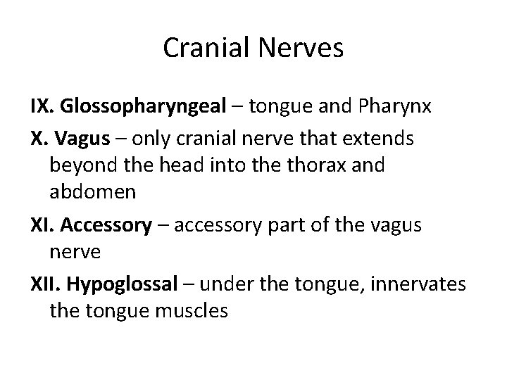 Cranial Nerves IX. Glossopharyngeal – tongue and Pharynx X. Vagus – only cranial nerve