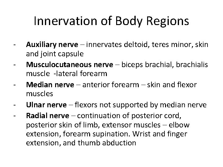 Innervation of Body Regions - Auxiliary nerve – innervates deltoid, teres minor, skin and