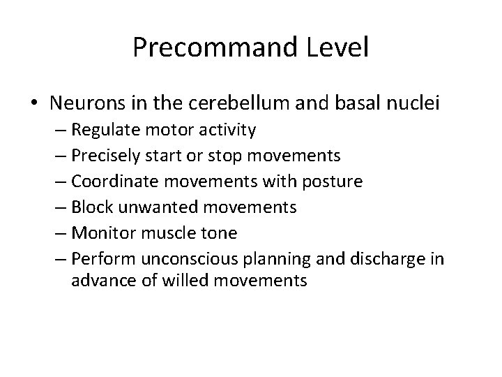 Precommand Level • Neurons in the cerebellum and basal nuclei – Regulate motor activity