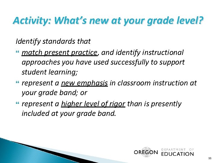 Activity: What’s new at your grade level? Identify standards that match present practice, and