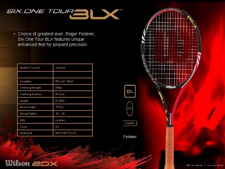§ Choice of greatest ever, Roger Federer, Six. One Tour BLX features unique enhanced