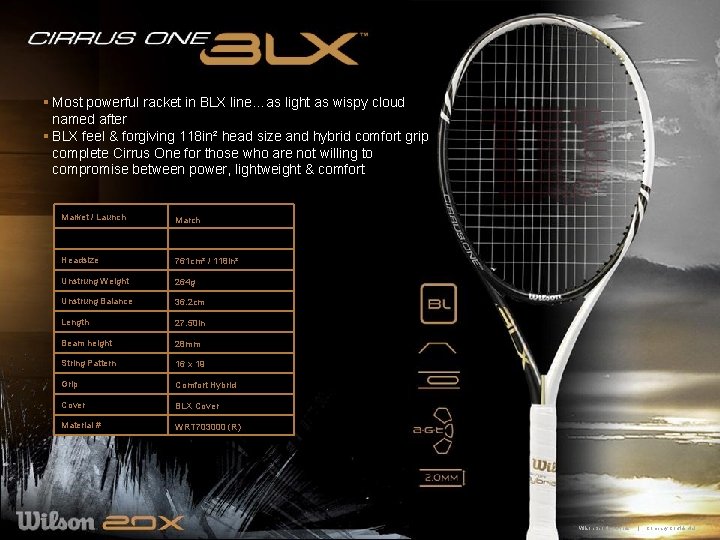 § Most powerful racket in BLX line…as light as wispy cloud named after §