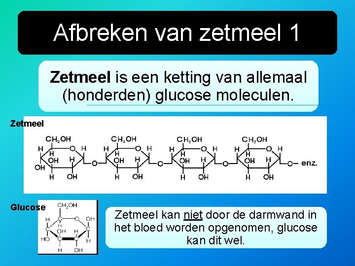 Afbreken van zetmeel 1 Zetmeel is een ketting van allemaal (honderden) glucose moleculen. Zetmeel