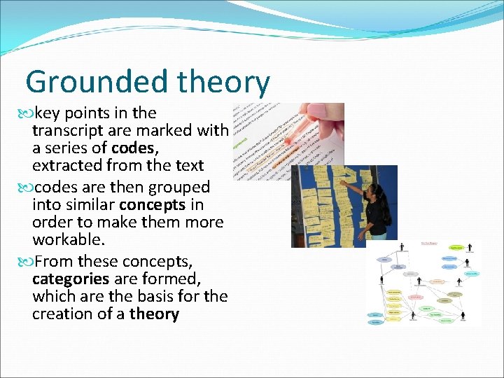 Grounded theory key points in the transcript are marked with a series of codes,