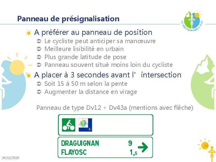 Panneau de présignalisation A préférer au panneau de position Ü Ü Le cycliste peut