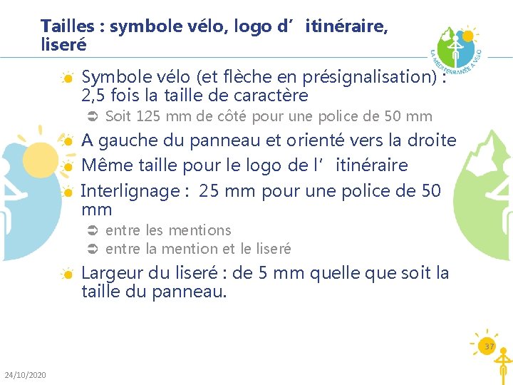 Tailles : symbole vélo, logo d’itinéraire, liseré Symbole vélo (et flèche en présignalisation) :