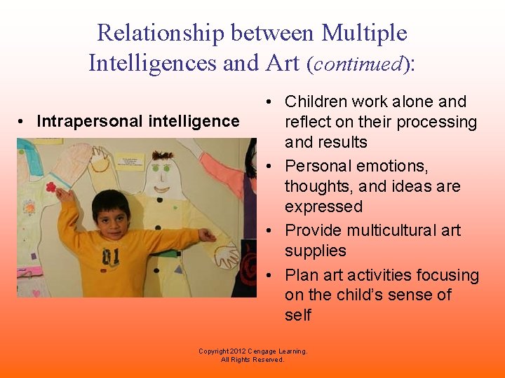 Relationship between Multiple Intelligences and Art (continued): • Intrapersonal intelligence • Children work alone