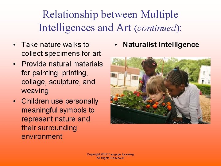 Relationship between Multiple Intelligences and Art (continued): • Take nature walks to collect specimens