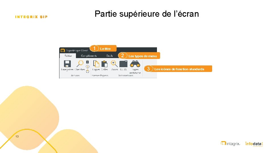 Partie supérieure de l’écran 1 Le titre 2 Les types de menu 3 13