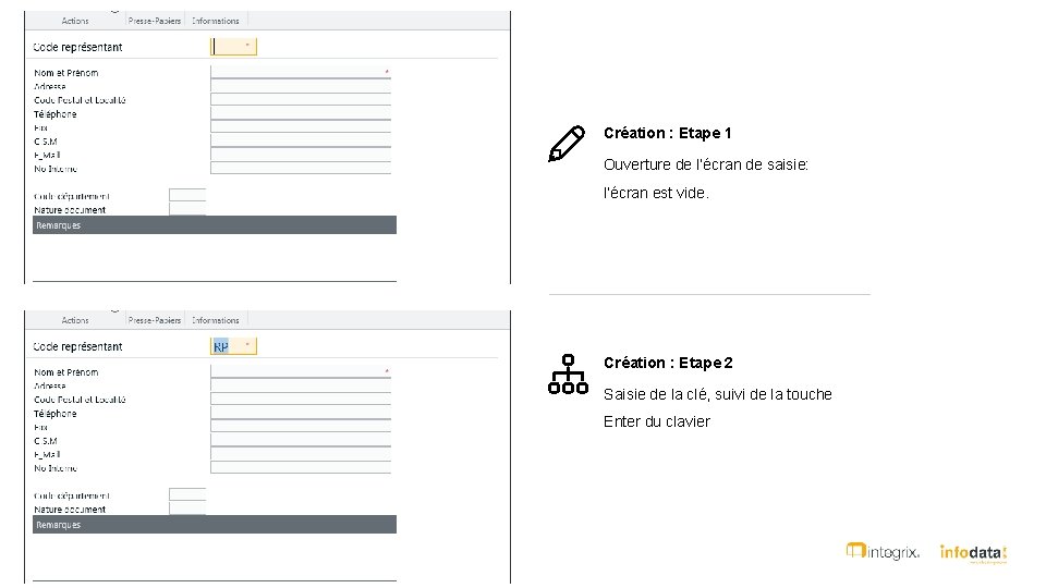 Création : Etape 1 Ouverture de l’écran de saisie: l’écran est vide. Création :