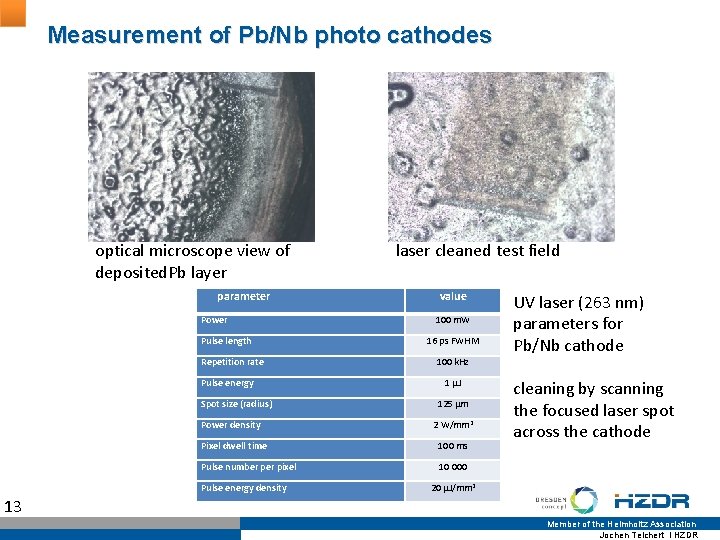 Measurement of Pb/Nb photo cathodes optical microscope view of deposited. Pb layer parameter Power