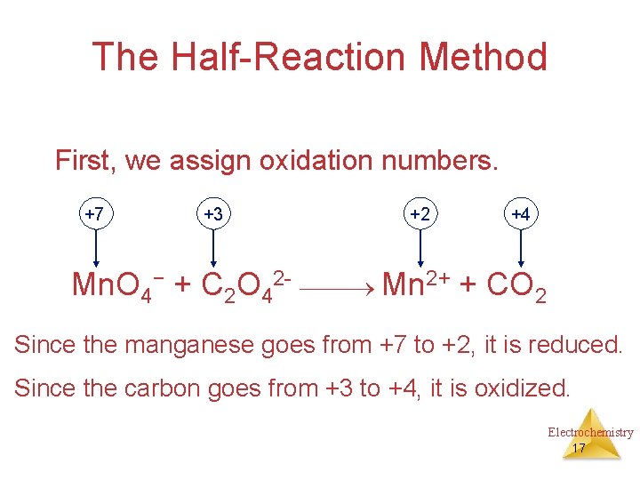 The Half-Reaction Method First, we assign oxidation numbers. +7 +3 +2 +4 Mn. O