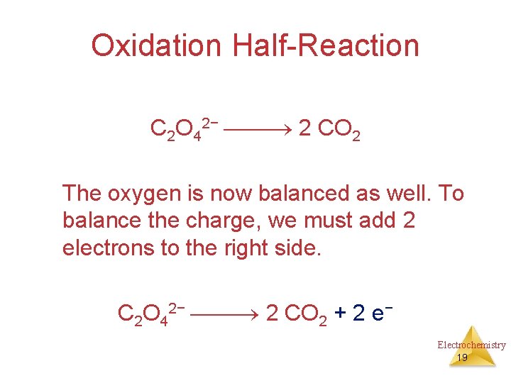 Oxidation Half-Reaction C 2 O 42− 2 CO 2 The oxygen is now balanced