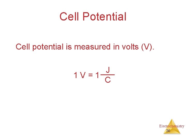 Cell Potential Cell potential is measured in volts (V). J 1 V=1 C Electrochemistry