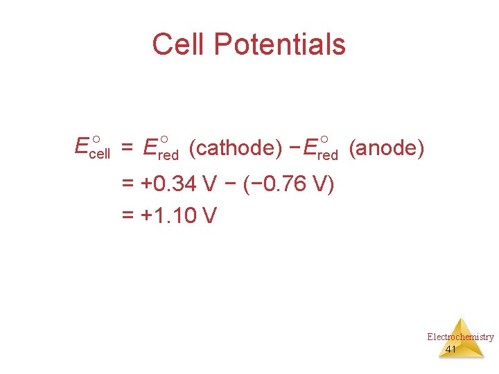 Cell Potentials = Ered (cathode) − Ered (anode) Ecell = +0. 34 V −