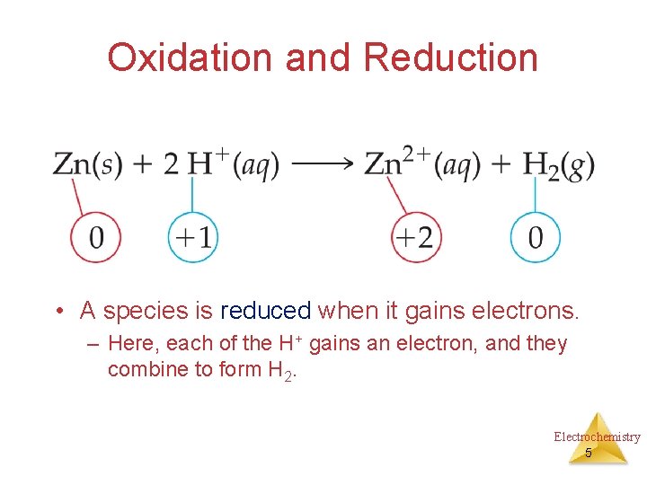 Oxidation and Reduction • A species is reduced when it gains electrons. – Here,