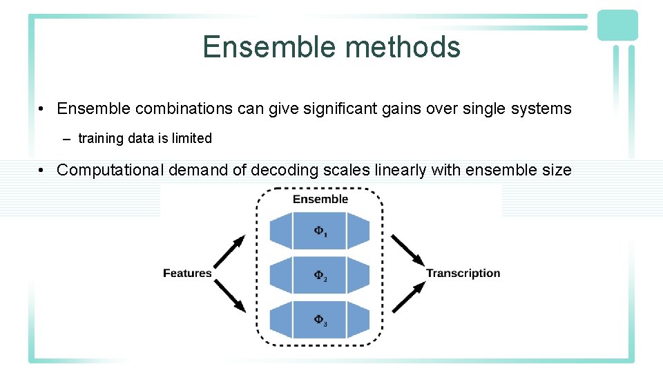 Ensemble methods • Ensemble combinations can give significant gains over single systems – training Ensemble methods • Ensemble combinations can give significant gains over single systems – training
