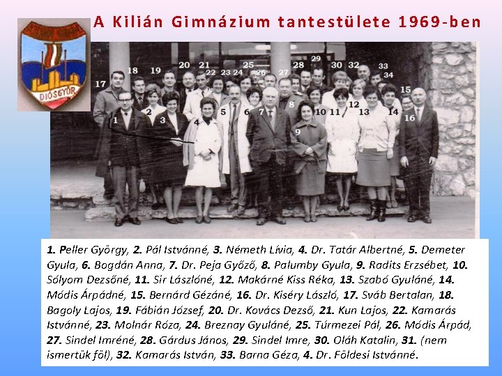 A Kilián Gimnázium tantestülete 1969 -ben 1. Peller György, 2. Pál Istvánné, 3. Németh