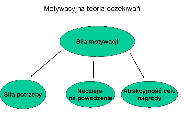 Motywacyjna teoria oczekiwań Siła motywacji Siła potrzeby Nadzieja na powodzenie Atrakcyjność celu nagrody 