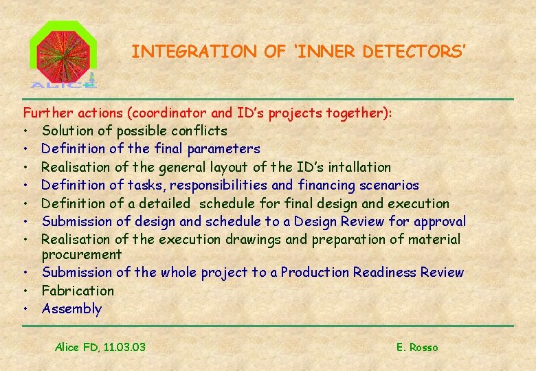INTEGRATION OF ‘INNER DETECTORS’ Further actions (coordinator and ID’s projects together): • Solution of