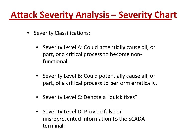 Attack Severity Analysis – Severity Chart • Severity Classifications: • Severity Level A: Could