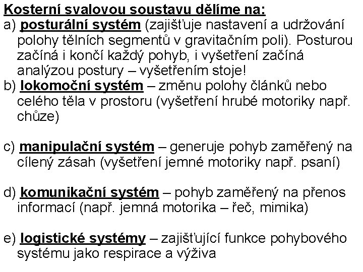 Kosterní svalovou soustavu dělíme na: a) posturální systém (zajišťuje nastavení a udržování polohy tělních