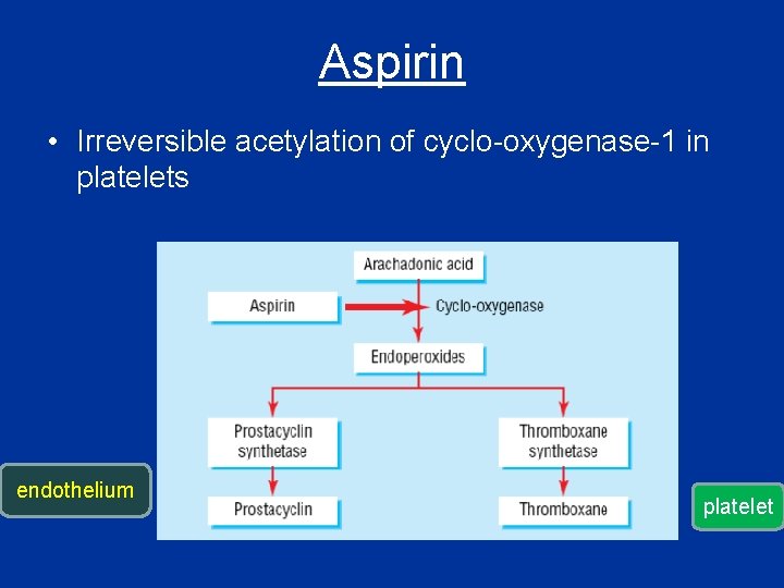 Aspirin • Irreversible acetylation of cyclo-oxygenase-1 in platelets endothelium platelet 