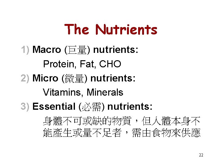 The Nutrients 1) Macro (巨量) nutrients: Protein, Fat, CHO 2) Micro (微量) nutrients: Vitamins,